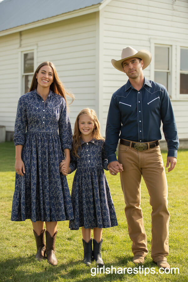 Navy Blue Floral-Pattern Western Prairie Dresses with Tan Jeans
