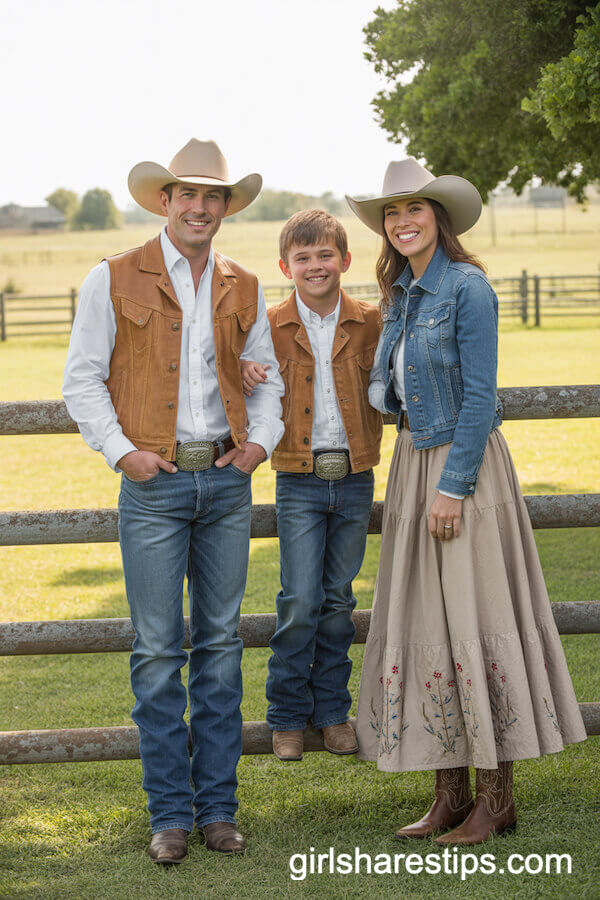 Denim with Leather Western Vests and Embroidered Prairie Skirts