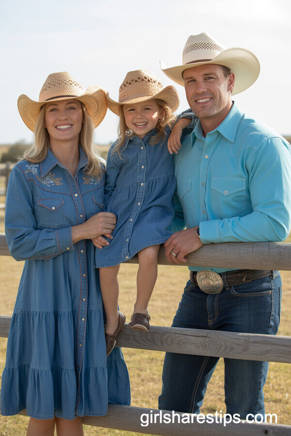 Tiered Denim Western Dresses with Embroidery and Straw Cowboy Hats
