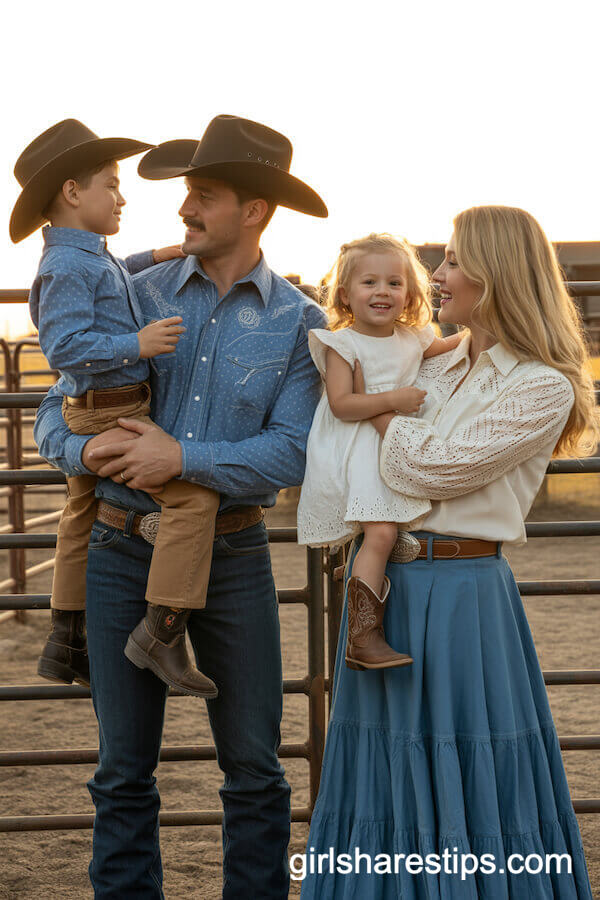 Blue Patterned Snap Shirts with White Lace Blouses and Prairie Skirts