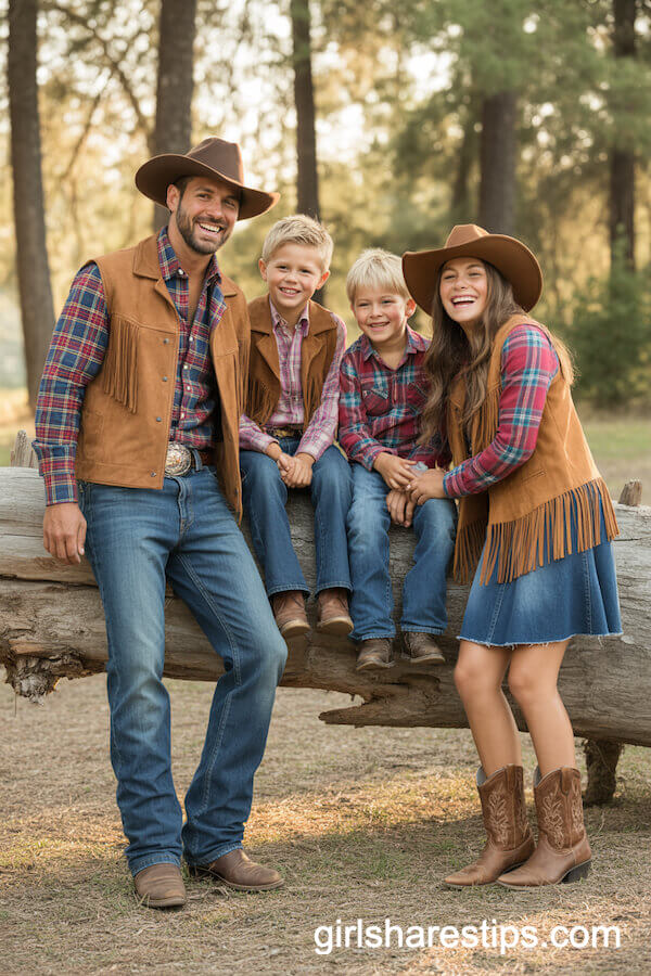 Western Flannel Shirts with Suede Fringe Vests and Denim Skirts
