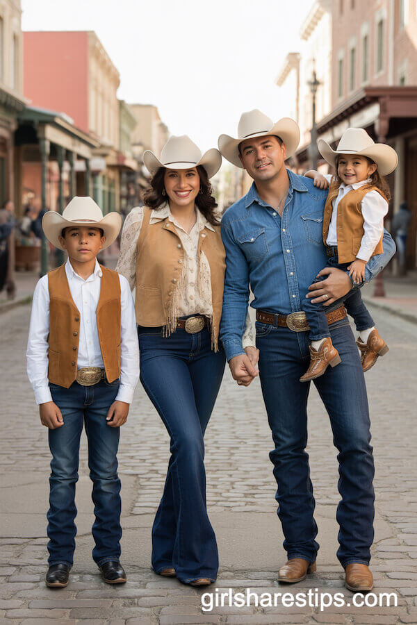 Coordinated Western-Style Outfits with Tan Vests and Boho Blouses