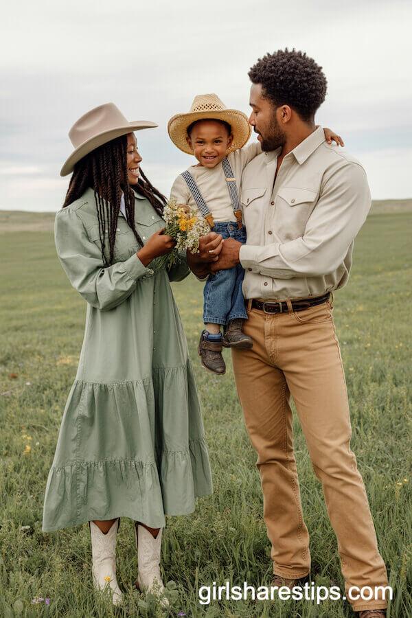 Sage Green Western Prairie Dress with Suspenders and Straw Cowboy Hats