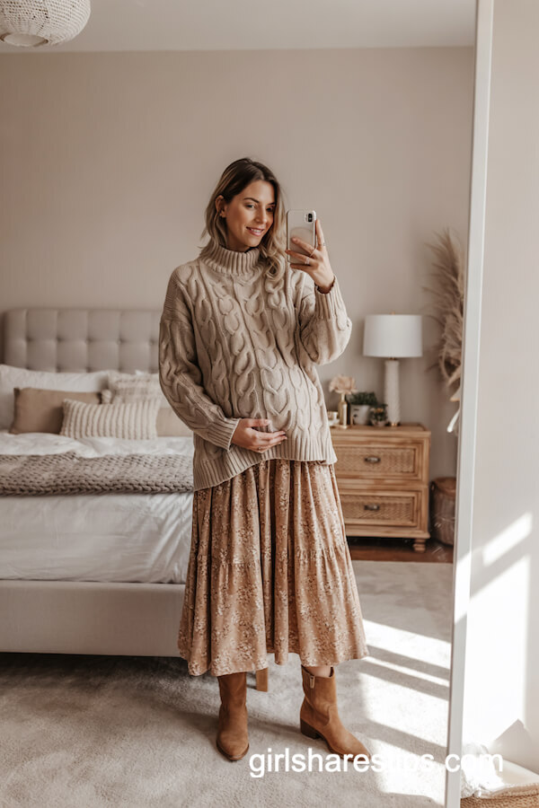 Chunky Knit Sweater With Floral Maternity Skirt
