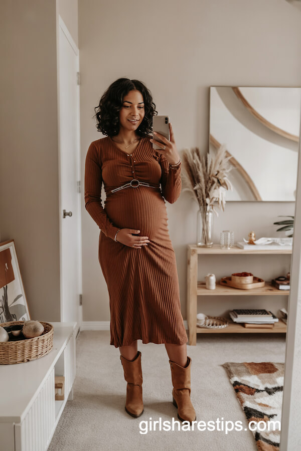Rust Ribbed Knit Dress With Suede Boots
