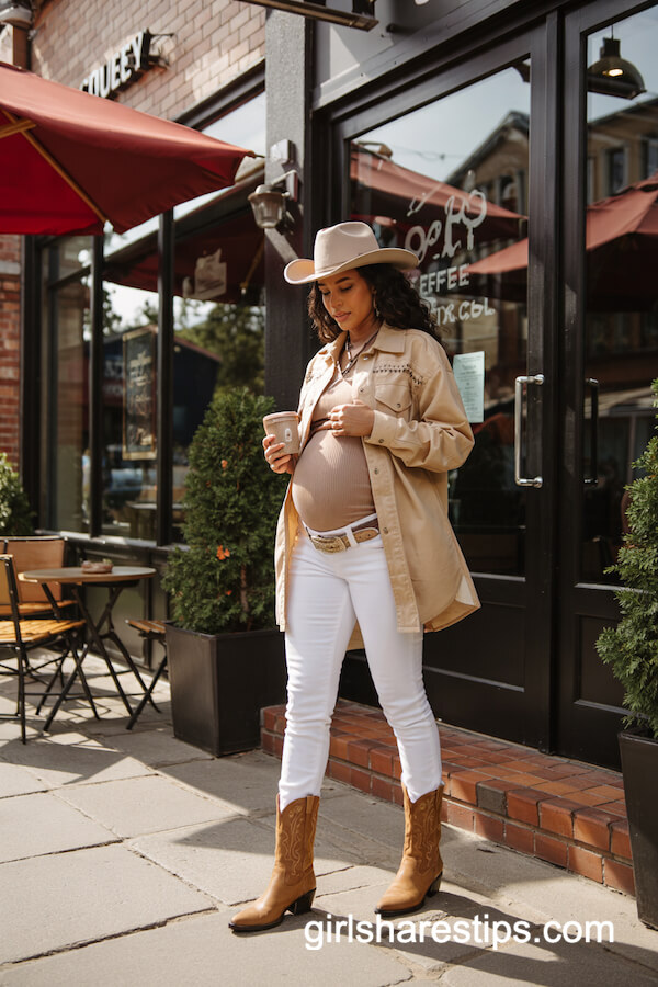 White Western Button-Up with Maternity Jeans