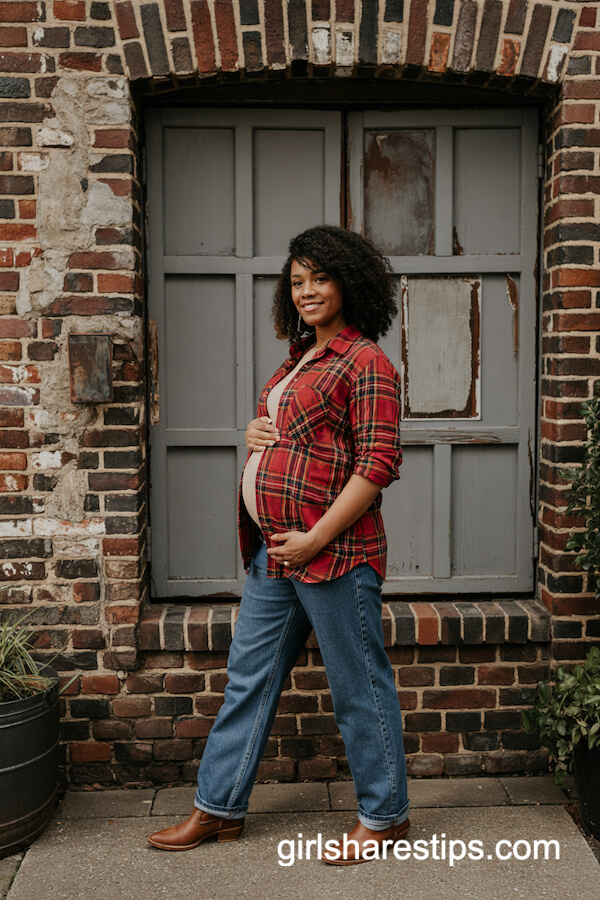 Red Plaid Shirt and Straight-Leg Maternity Jeans