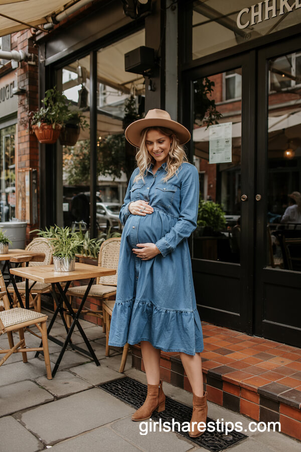 Denim Maternity Dress and Boho Hat Style