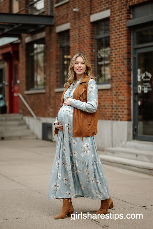 Suede Western Vest Over Floral Maxi Dress