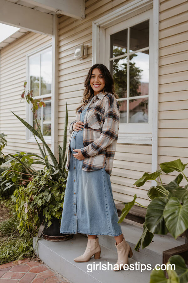 Checked Flannel Shirt and Denim Maternity Skirt