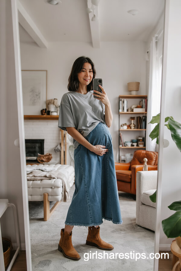 Grey Tee and Frayed Denim Maternity Skirt Look