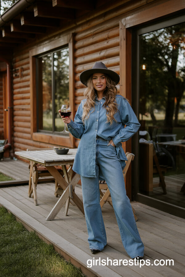 Double Denim with Black Wide-Brim Hat