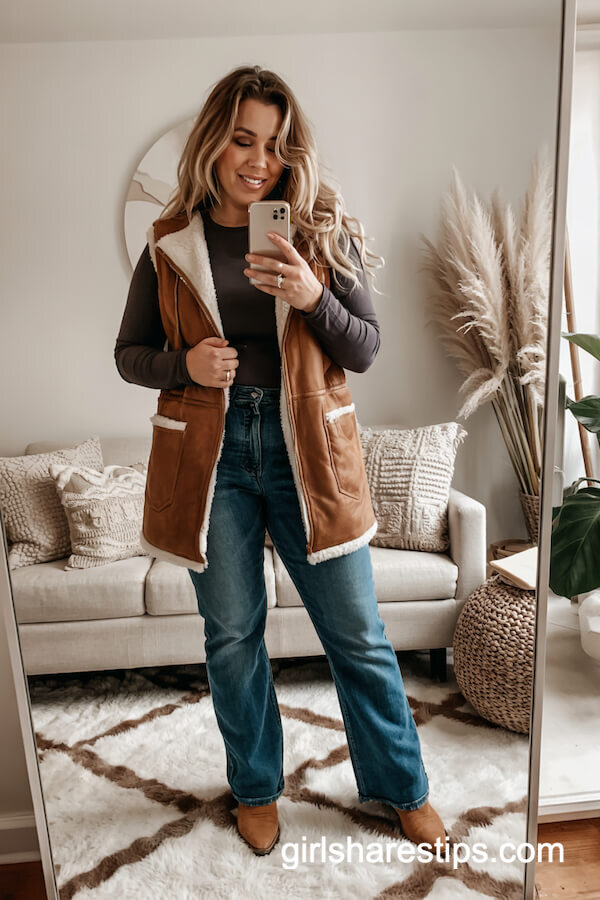 Shearling Vest & Flared Jeans Cozy Trend
