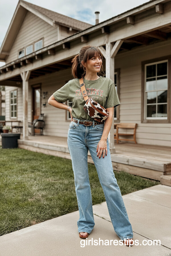 Retro Tee & Flared Jeans with Cow Print Accent