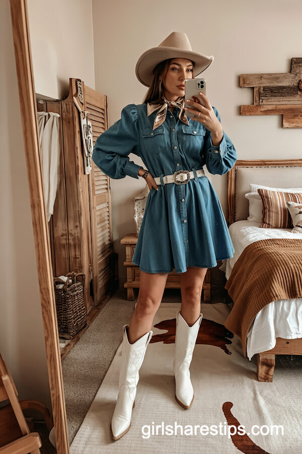 Puff Sleeve Denim Dress & White Boots