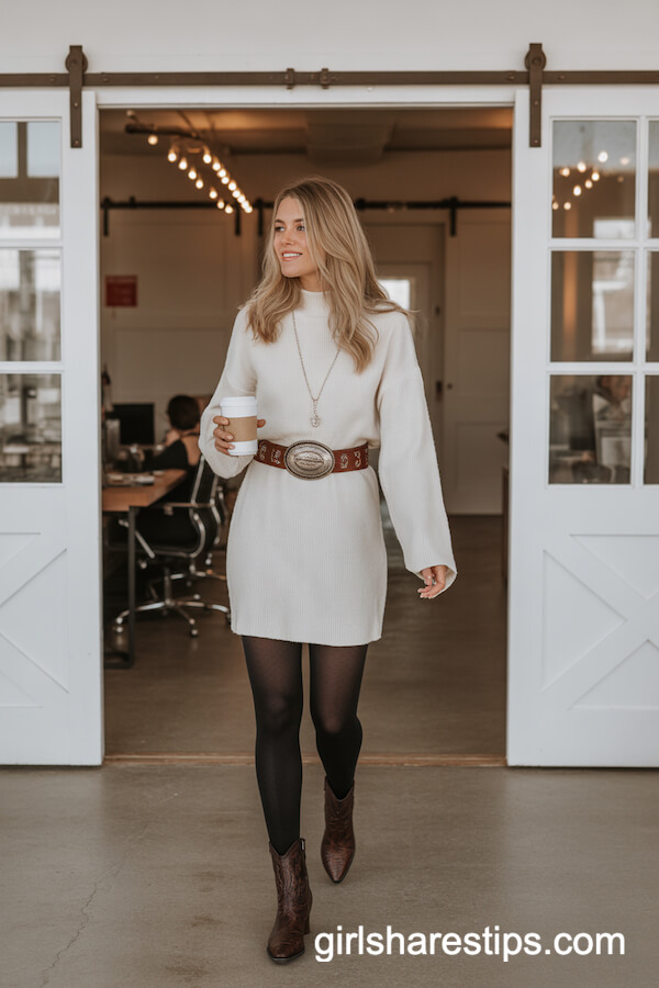 Belted Sweater Dress with Concho Belt and Heeled Boots