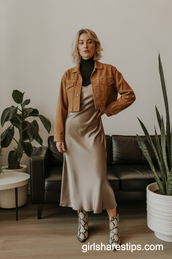 Slip Dress with Cropped Suede Jacket and Snakeskin Boots