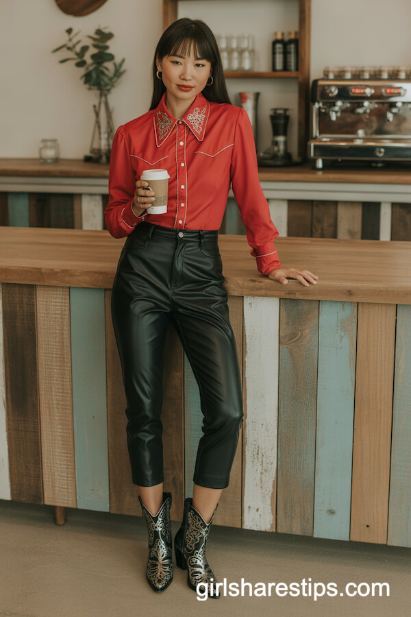 Bold Western Blouse with Faux Leather Pants and Shooties