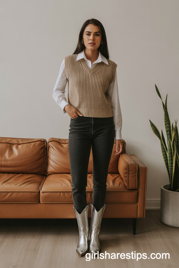 Knit Vest with Collared Shirt and Silver Cowboy Boots