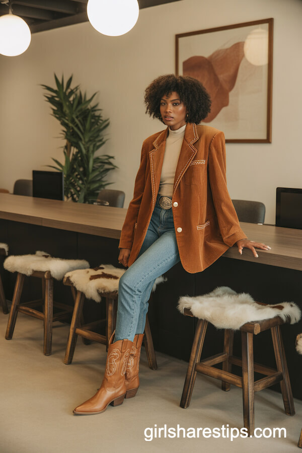 Cinnamon Corduroy Blazer with Slim Jeans and Embroidered Booties