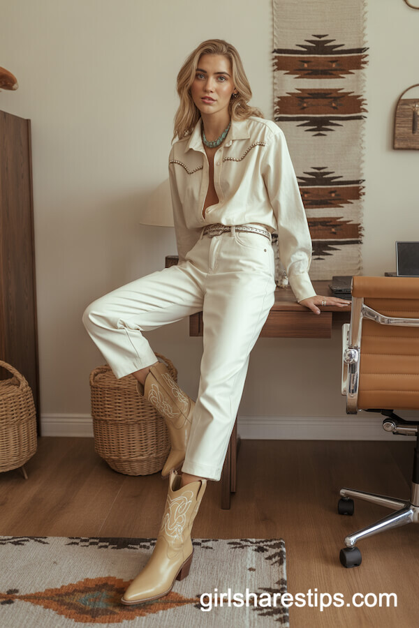 Cream Western Outfit with Pearl-Snap Shirt and Cowboy Boots