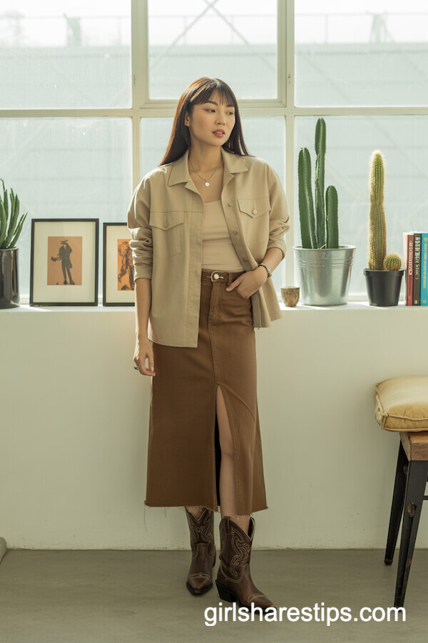 Beige Utility Shacket with Midi Jean Skirt and Cowboy Boots