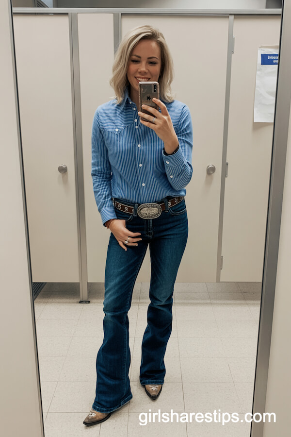 Striped Button-Down with Bootcut Jeans and Ankle Boots