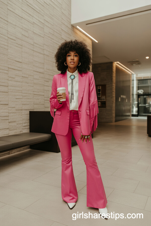 Hot Pink Fringe Suit with White Western Boots