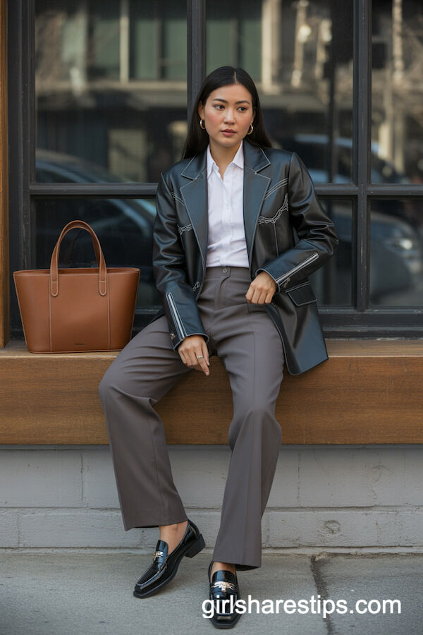 Faux-Leather Blazer with Charcoal Trousers and Cowboy Loafers