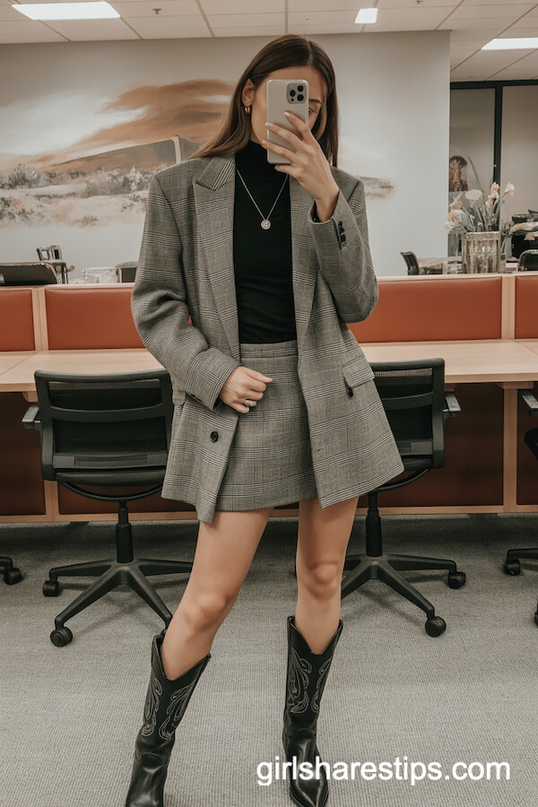 Oversized Plaid Blazer with Mini Skirt and Knee-High Boots