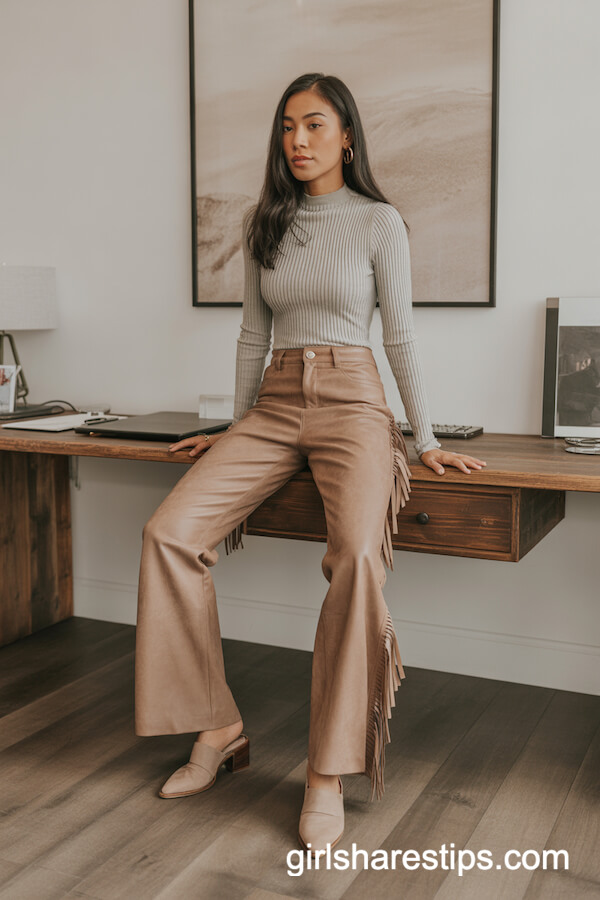 Ribbed Knit Top with Fringe Suede Pants and Mules