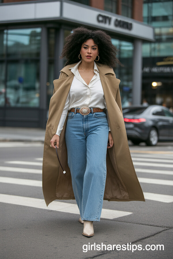 Camel Trench Coat with Straight-Leg Jeans and Cowboy Booties