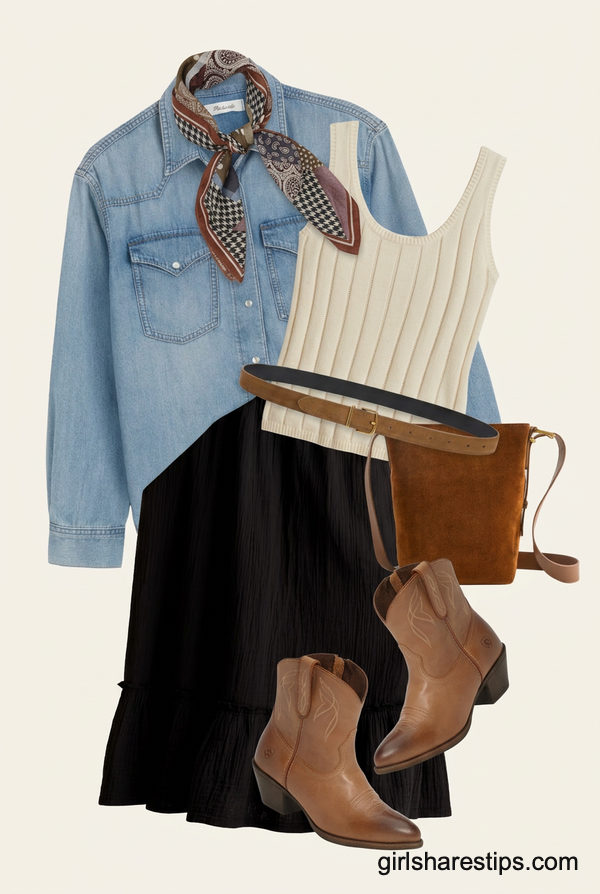 Denim Shirt, Black Maxi Skirt, and Cowboy Boots Ensemble