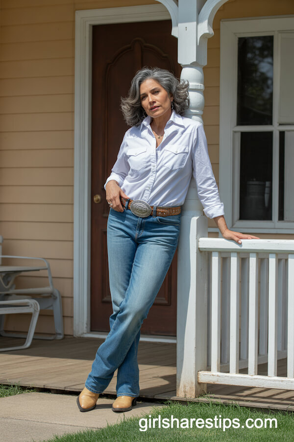 Crisp White Western Shirt with Medium-Wash Jeans and Concho Belt
