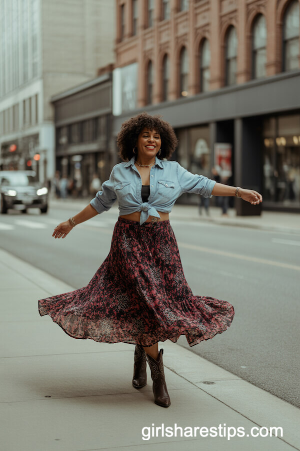 Vivid Printed Maxi Skirt with Chambray Shirt Tied at the Waist