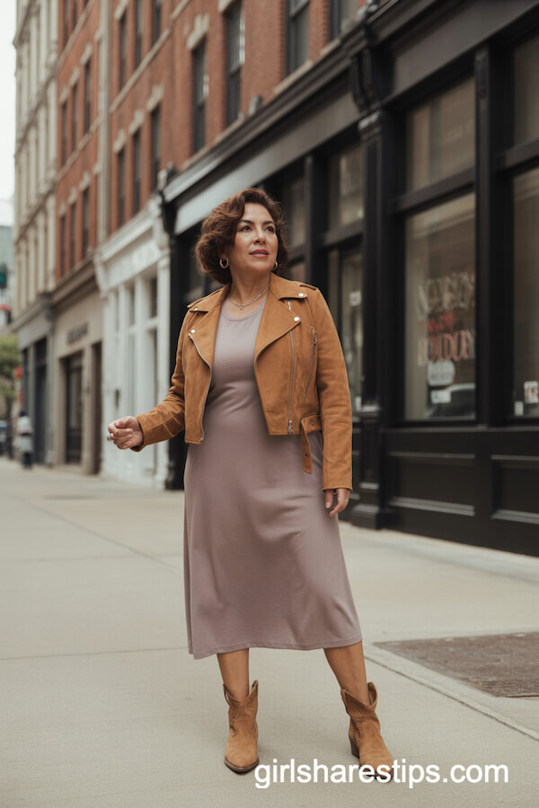 Tan Suede Moto Jacket with Solid Color Midi Dress