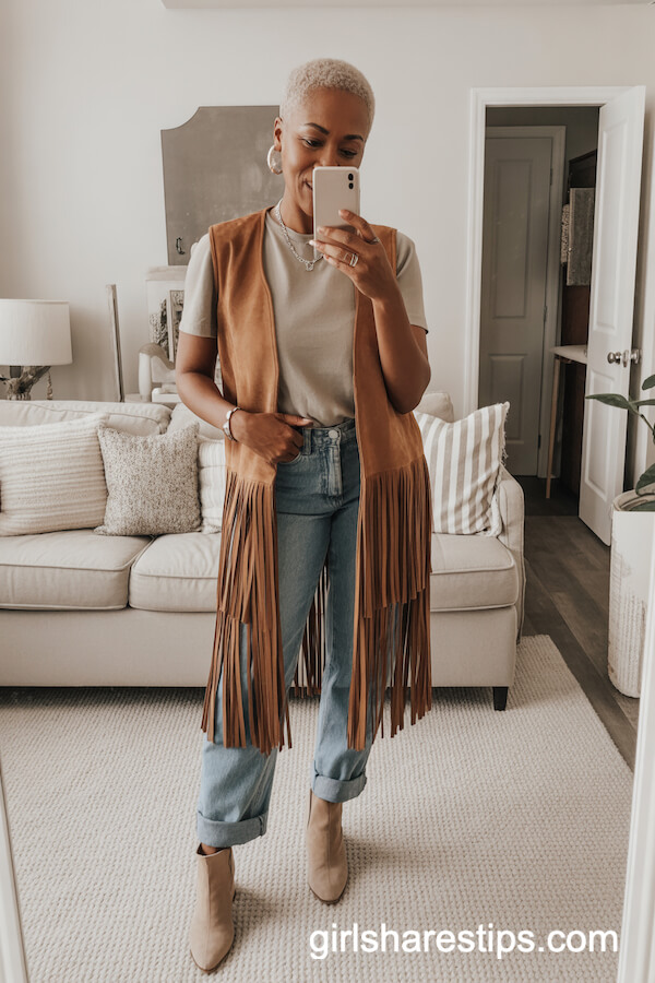 Suede Fringe Vest with Faded Jeans and Silver Jewelry