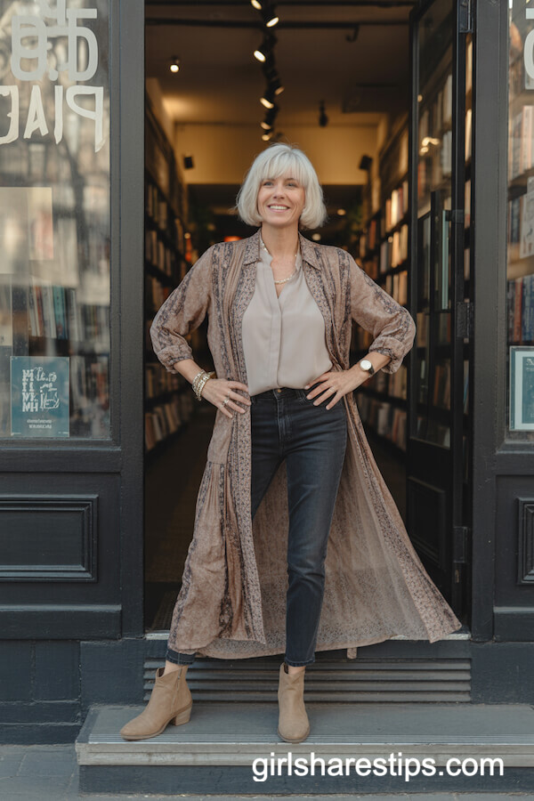 Long Flowy Western-Patterned Duster with Dark Jeans