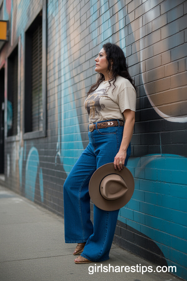 High-Waisted Wide-Leg Jeans with Western-Inspired Graphic Tee