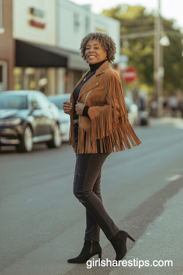 Tan Fringe Suede Jacket with Black Turtleneck and Skinny Jeans
