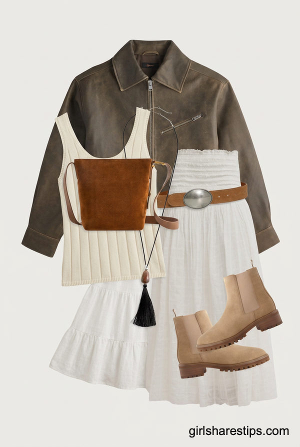 Leather Jacket and Tiered White Skirt Combination