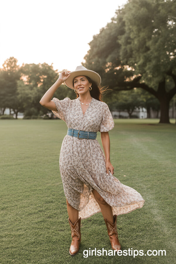 Flowing Floral Maxi Dress with Denim Belt and Cowboy Boots