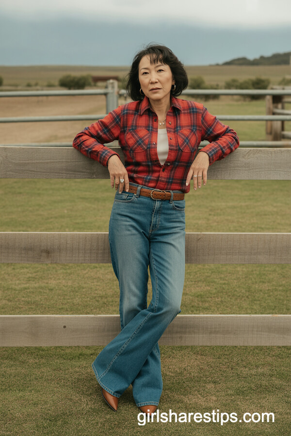 Red Plaid Flannel Shirt Tucked into Bootcut Jeans