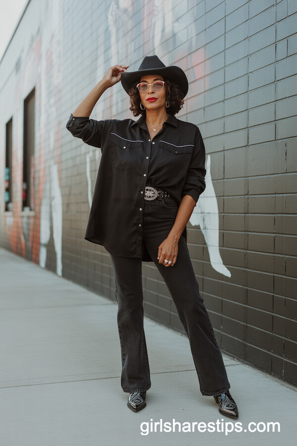 Oversized Black Shirt with Straight-Leg Jeans and Western Hat