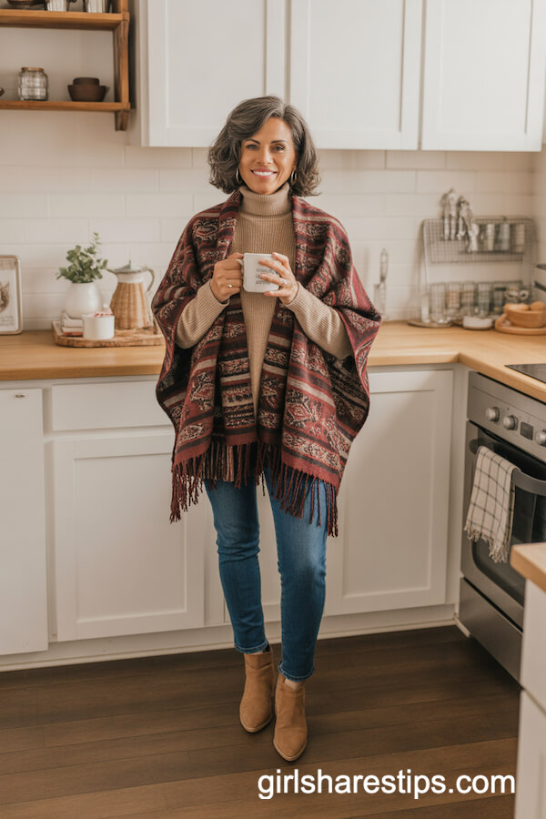 Patterned Poncho Layered with Neutral Sweater and Slim Jeans