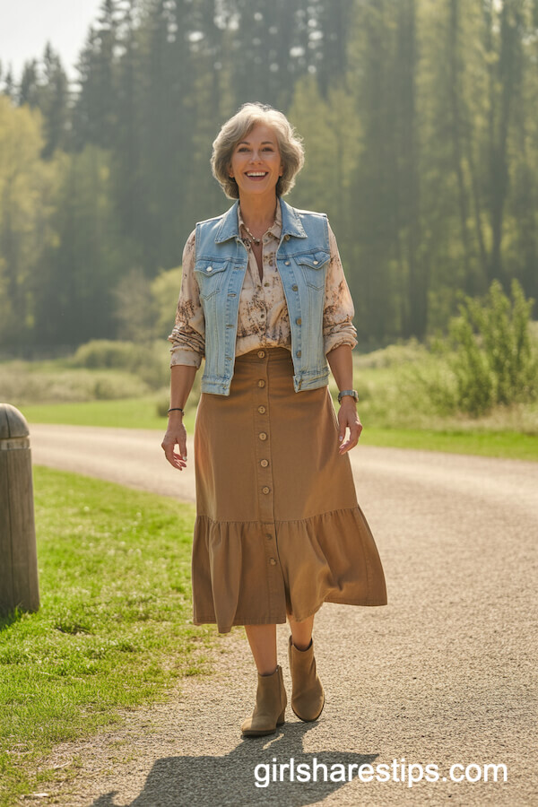 Button-Front Tan Midi Skirt with Print Shirt and Denim Vest