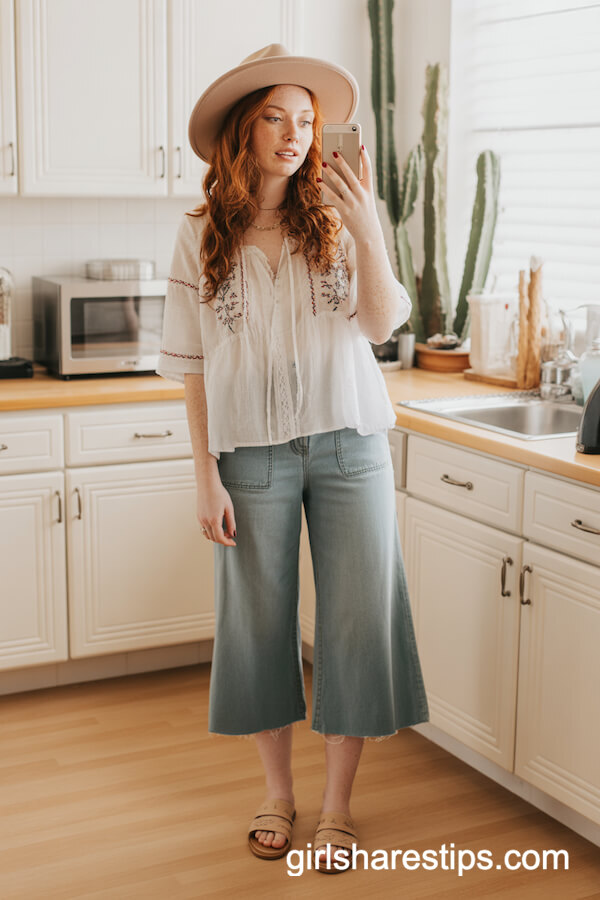 Flowy Peasant Blouse and Denim Culottes with Wide-Brim Hat