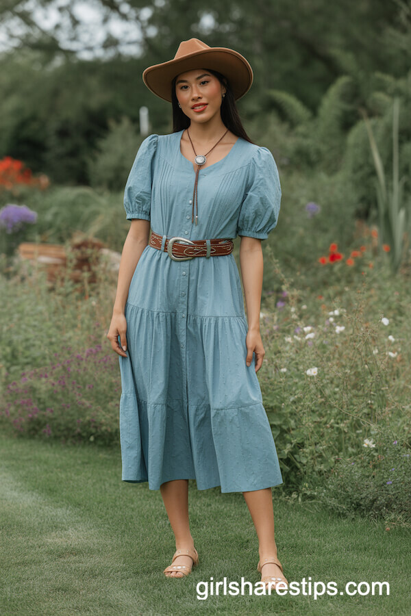 Prairie-Style Midi Dress with Bolo Tie Necklace