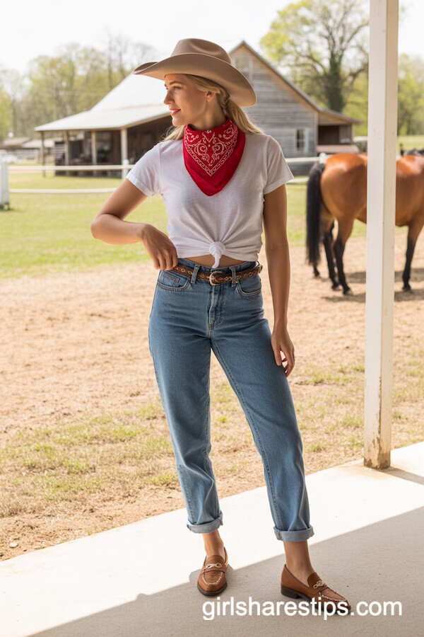 Red Bandana and Mom Jeans with Tooled Loafers