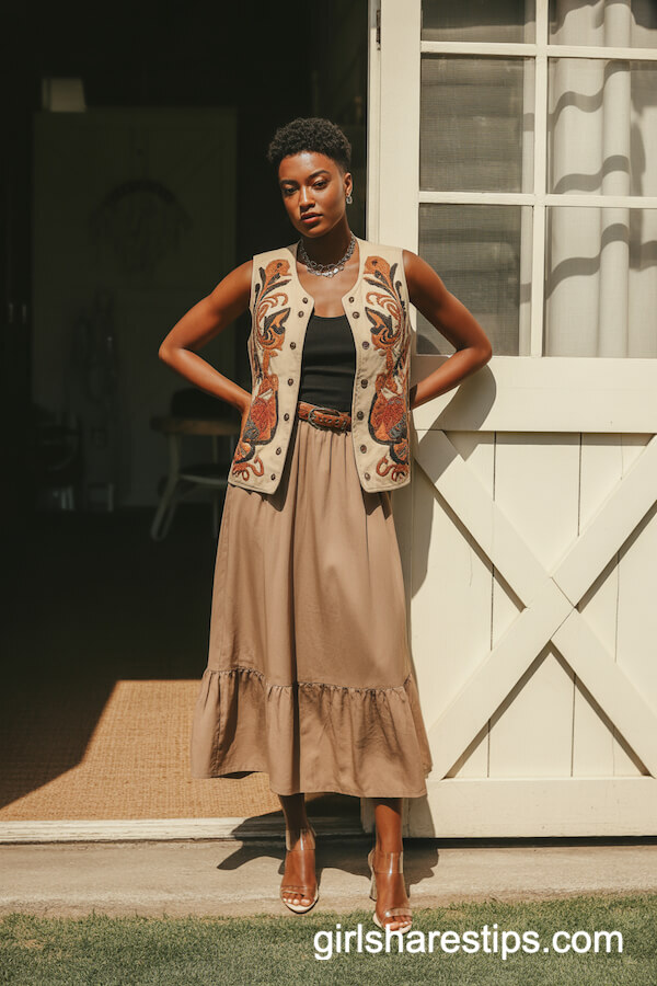 Tapestry Vest and Earth-Tone Midi Skirt with Heeled Sandals